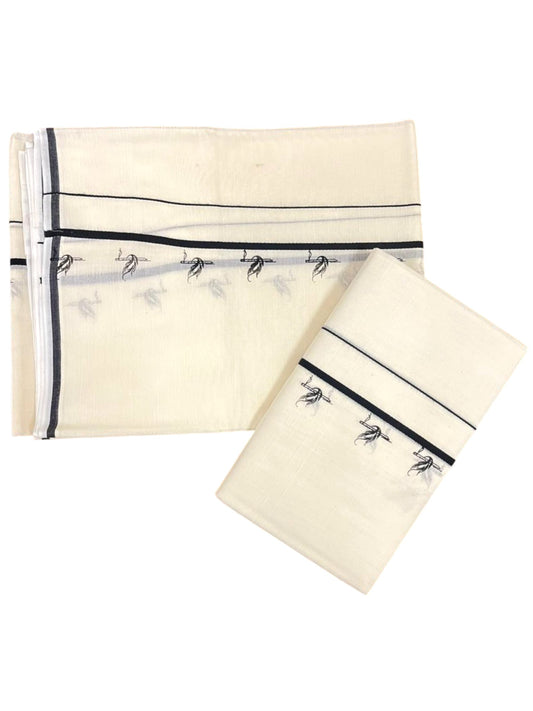 Southloom Pure Cotton Kerala Single Set Mundu (Mundum Neriyathum) with Digital Prints in Black 2.80 Mtrs SL359
