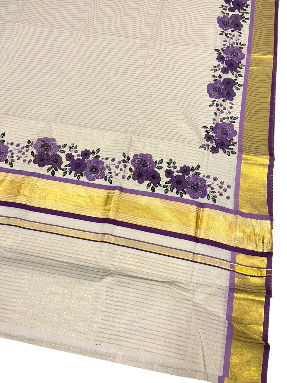 Southloom Kerala Cotton Kasavu Saree with Stripes And Floral Design on Body In Violet Border SL357