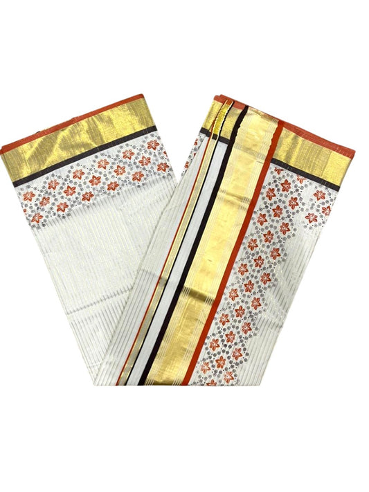 Southloom Kerala Cotton Kasavu Saree with Stripes And Floral Design on Body In Orange Border SL357