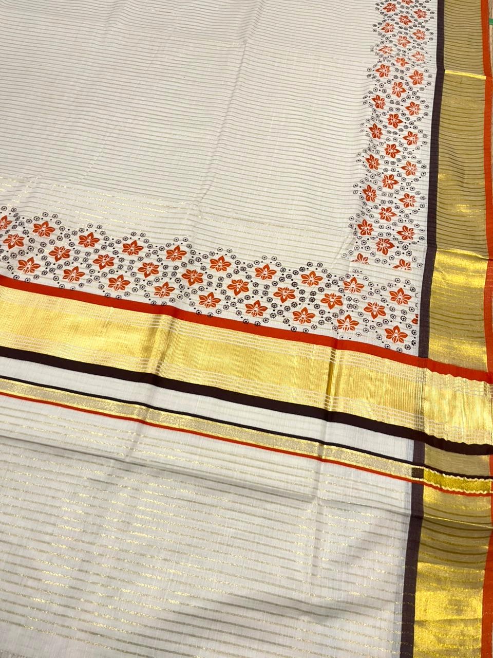 Southloom Kerala Cotton Kasavu Saree with Stripes And Floral Design on Body In Orange Border SL357