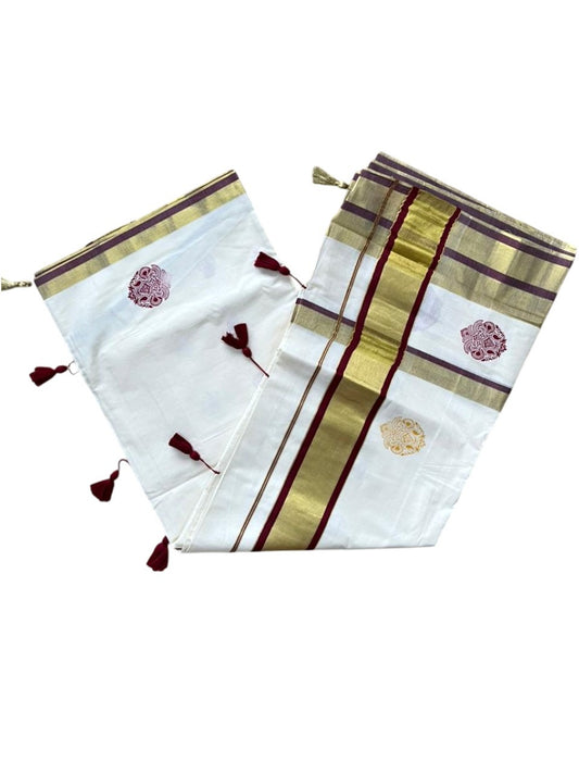Southloom Pure Cotton Kerala Saree with Digital Print On The Body In Maroon With Gold Kasavu Border SL367