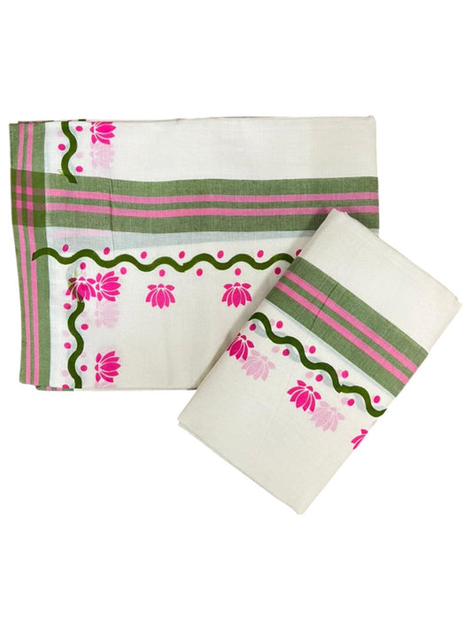 Southloom Pure Cotton Kerala Single Mulloth Set Mundu With Lotus Digital Print in Pink (Mundum Neriyathum) in 2.75 Mtrs SL371