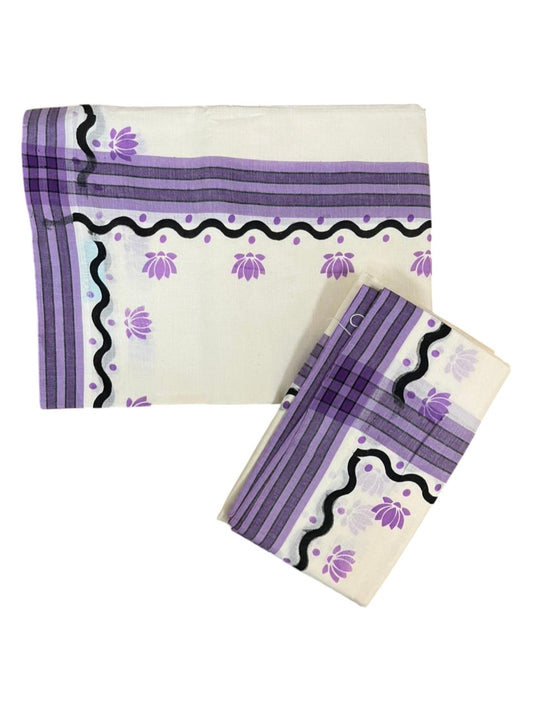 Southloom Pure Cotton Kerala Single Mulloth Set Mundu With Lotus Digital Print In Lavender (Mundum Neriyathum) in 2.75 Mtrs