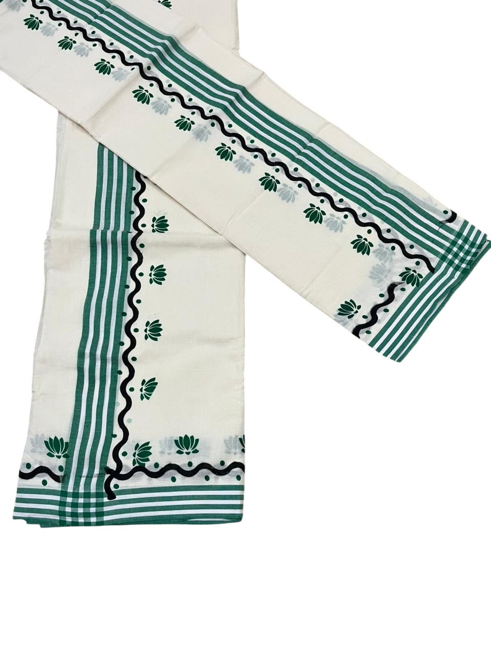 Southloom Pure Cotton Kerala Single Mulloth Set Mundu With Lotus Digital Print in Green (Mundum Neriyathum)in 2.75 Mtrs SL371