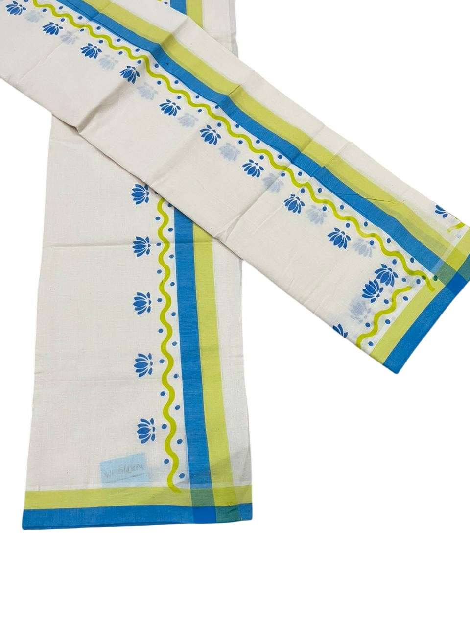 Southloom Pure Cotton Kerala Single Mulloth Set Mundu With Lotus Digital Print in Blue (Mundum Neriyathum) in 2.75 Mtrs SL371
