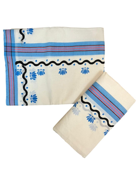 Southloom Pure Cotton Kerala Single Mulloth Set Mundu With Lotus Digital Print in Blue (Mundum Neriyathum) in 2.75 Mtrs SL371