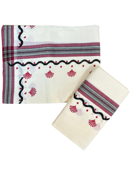 Southloom Kerala Mulloth Cotton Single Mundum Neriyathum with Digital Prints in Maroon 2.75 Mtrs SL372