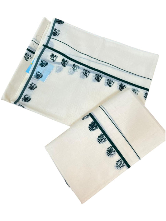 Southloom Pure Cotton Kerala Single Set Mundu (Mundum Neriyathum) with Digital Prints in Green 2.80 Mtrs SL359