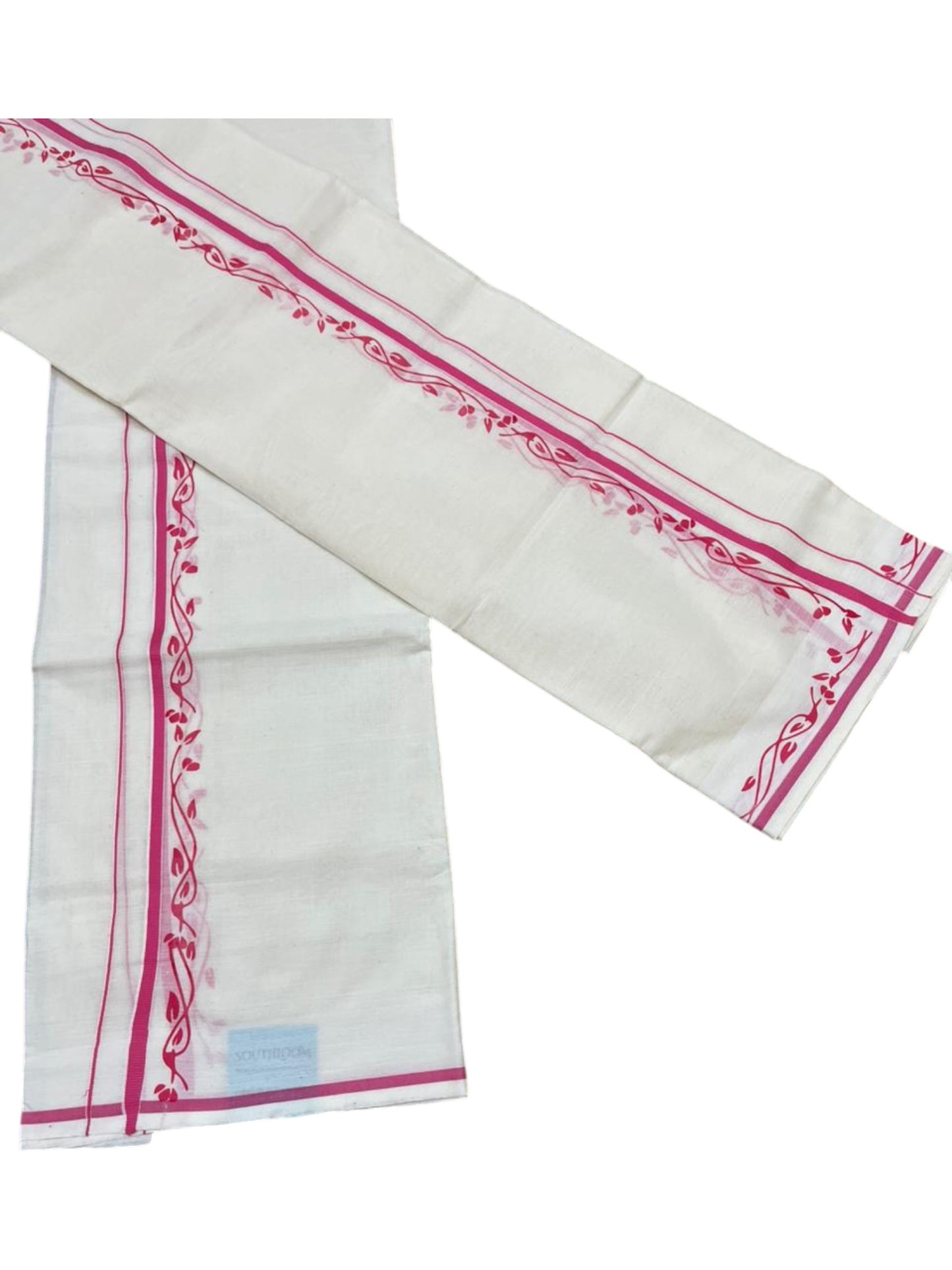 Southloom Pure Cotton Kerala Single Set Mundu (Mundum Neriyathum) with Digital Prints in Pink 2.80 Mtrs SL359