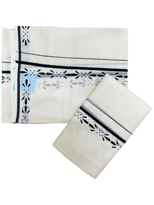 Southloom Pure Cotton Kerala Single Set Mundu (Mundum Neriyathum) with Digital Prints in Black 2.80 Mtrs SL359