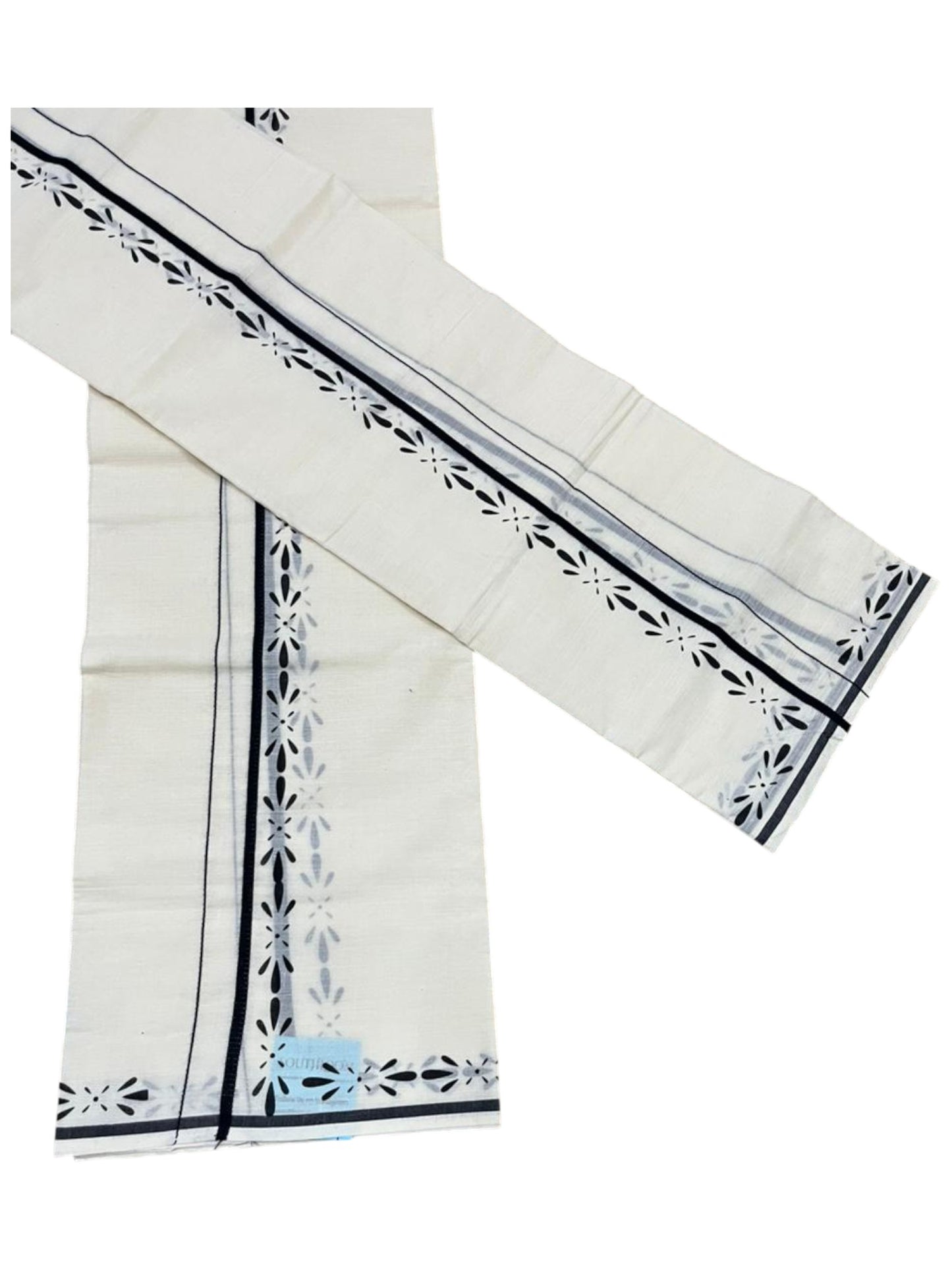 Southloom Pure Cotton Kerala Single Set Mundu (Mundum Neriyathum) with Digital Prints in Black 2.80 Mtrs SL359