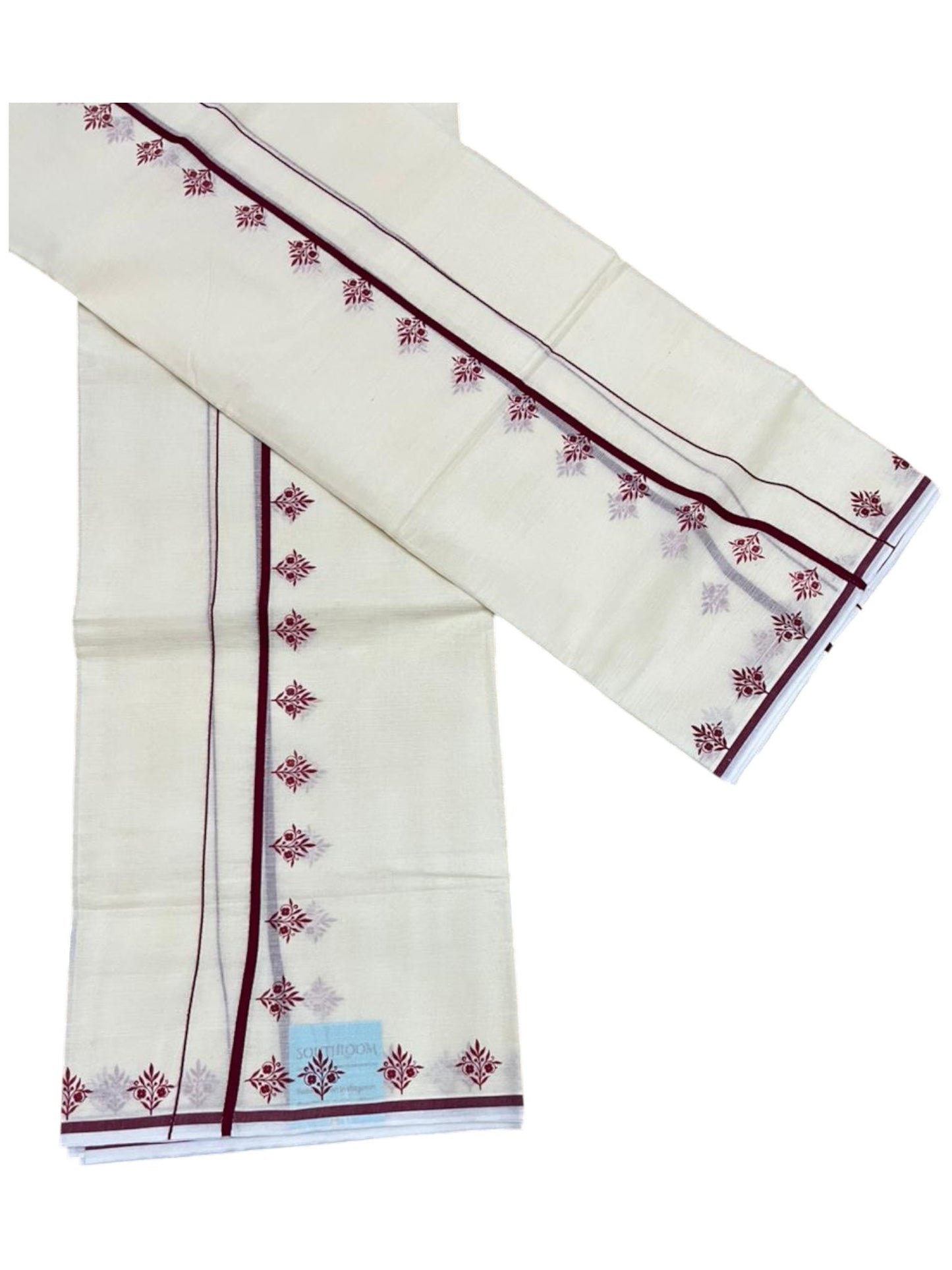 Southloom Pure Cotton Kerala Single Set Mundu (Mundum Neriyathum) with Digital Prints in Maroon 2.80 Mtrs SL359