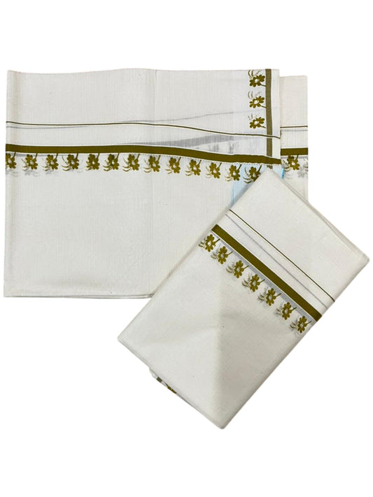 Southloom Pure Cotton Kerala Single Set Mundu (Mundum Neriyathum) with Digital Prints in Olive Green 2.80 Mtrs SL359