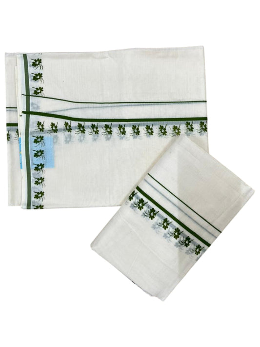 Southloom Pure Cotton Kerala Single Set Mundu (Mundum Neriyathum) with Digital Prints in Olive Green 2.80 Mtrs SL359