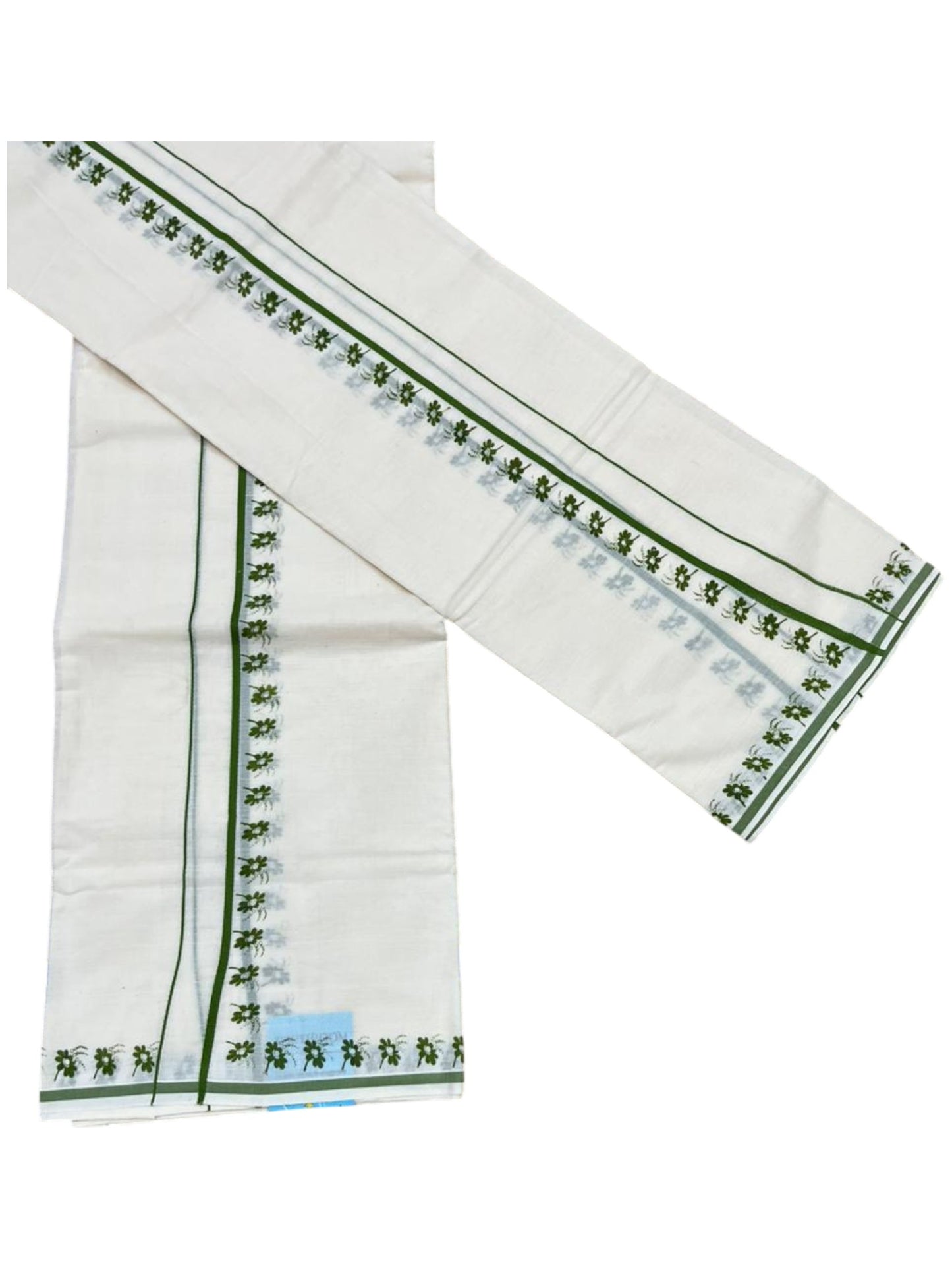 Southloom Pure Cotton Kerala Single Set Mundu (Mundum Neriyathum) with Digital Prints in Olive Green 2.80 Mtrs SL359