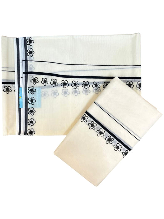 Southloom Pure Cotton Kerala Single Set Mundu (Mundum Neriyathum) with Digital Prints in Black 2.80 Mtrs SL359