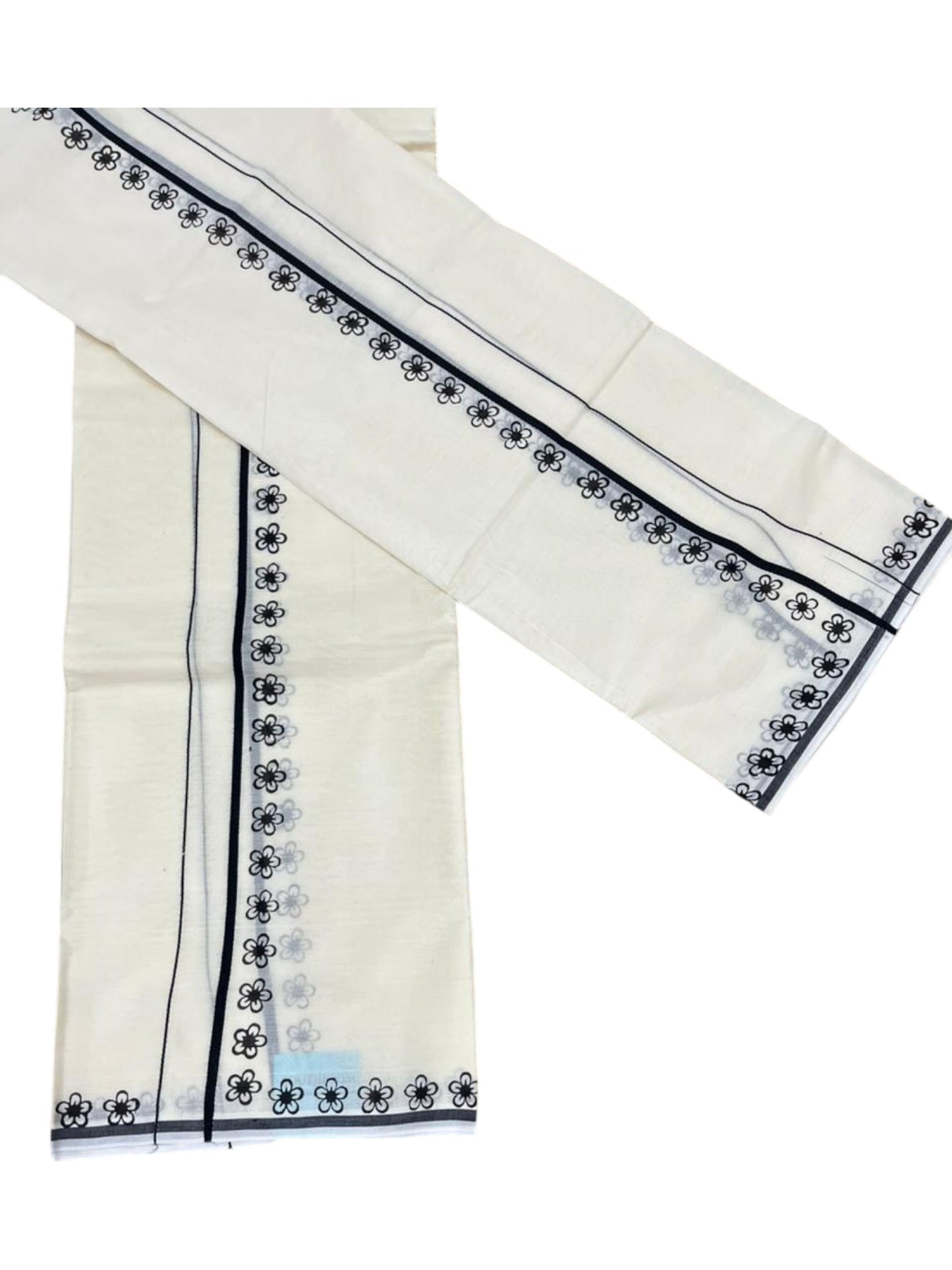 Southloom Pure Cotton Kerala Single Set Mundu (Mundum Neriyathum) with Digital Prints in Black 2.80 Mtrs SL359