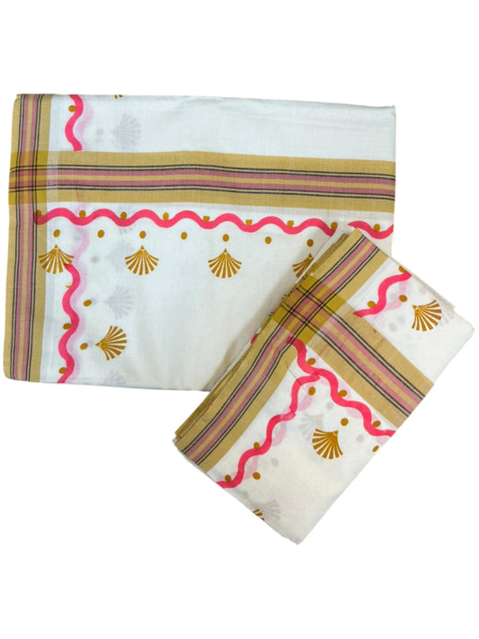 Southloom Kerala Mulloth Cotton Single Mundum Neriyathum with Digital Prints in Pink 2.75 Mtrs SL372