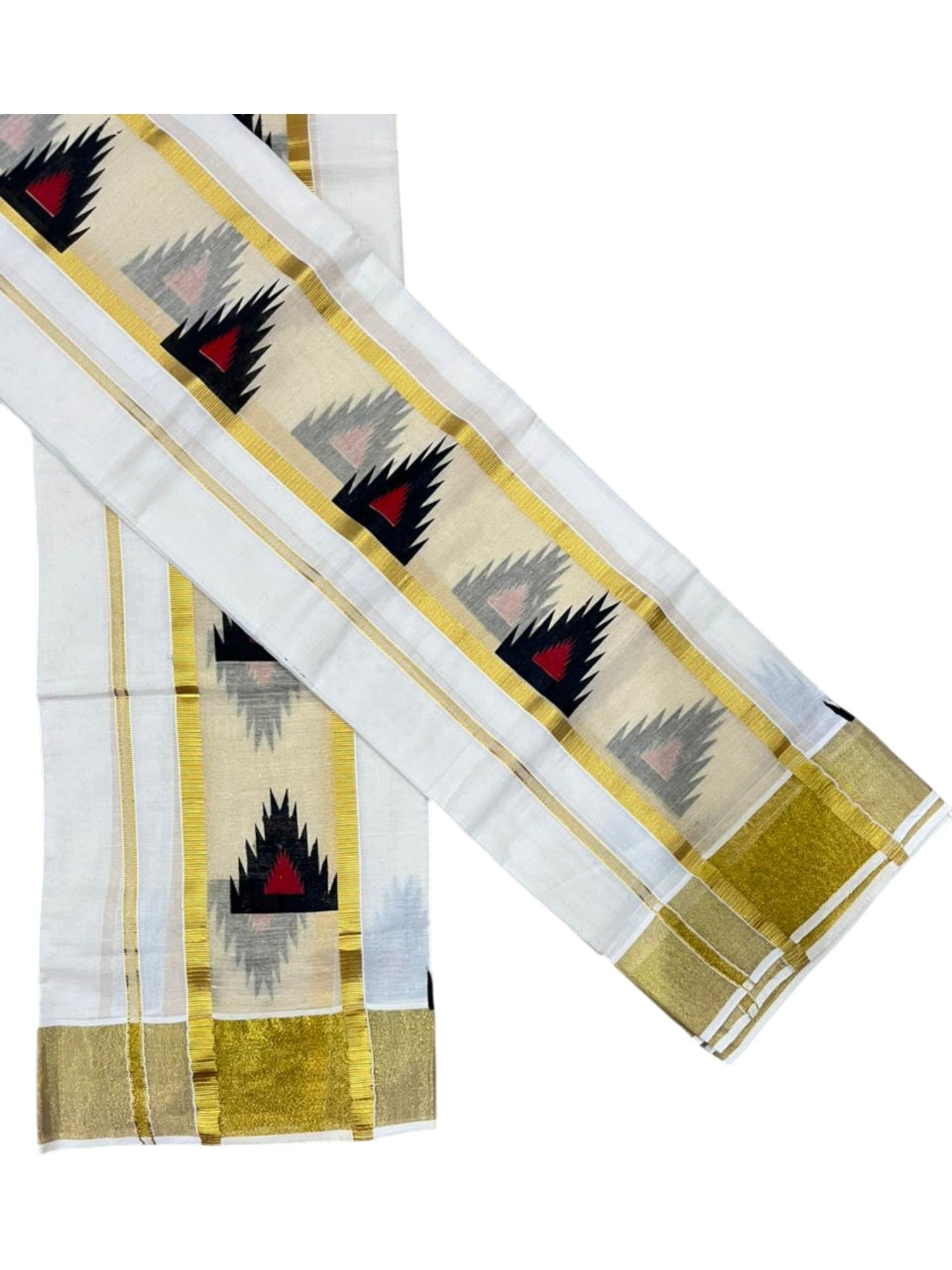 Southloom Pure Cotton Set Mundu with Gold Kasavu and Temple Digital Print in Black and Red 2.80 Mtrs SL369