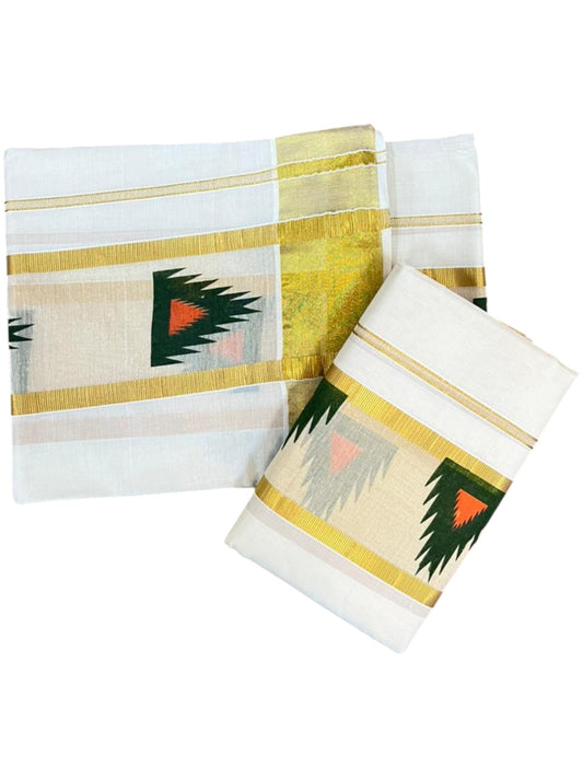 Southloom Pure Cotton Set Mundu with Gold Kasavu and Temple Digital Print in Green and Orange 2.80 Mtrs SL369