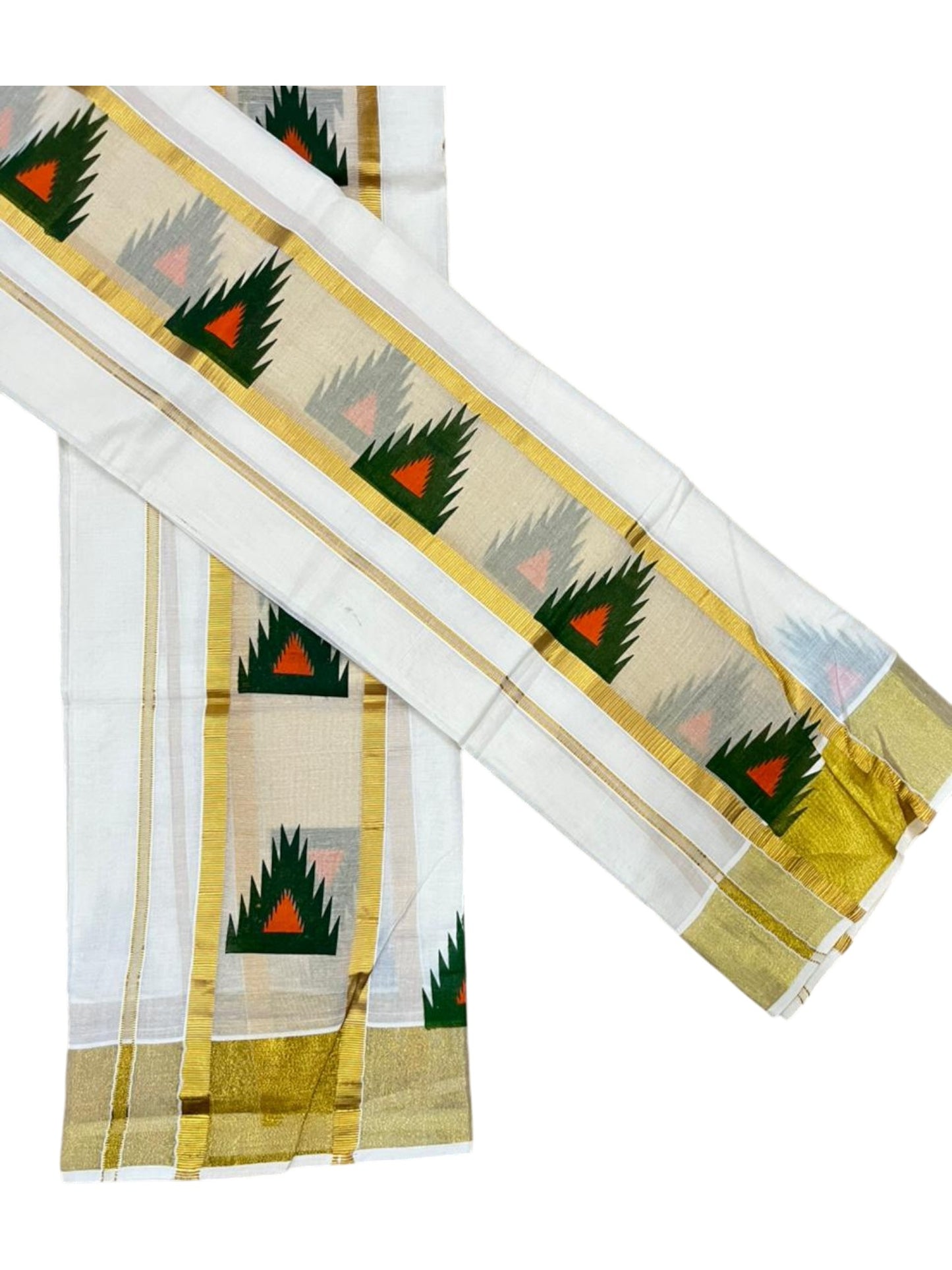 Southloom Pure Cotton Set Mundu with Gold Kasavu and Temple Digital Print in Green and Orange 2.80 Mtrs SL369