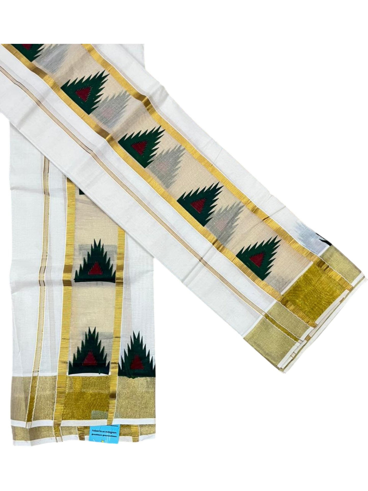Southloom Pure Cotton Set Mundu with Gold Kasavu and Temple Digital Print in Green and Maroon 2.80 Mtrs SL369