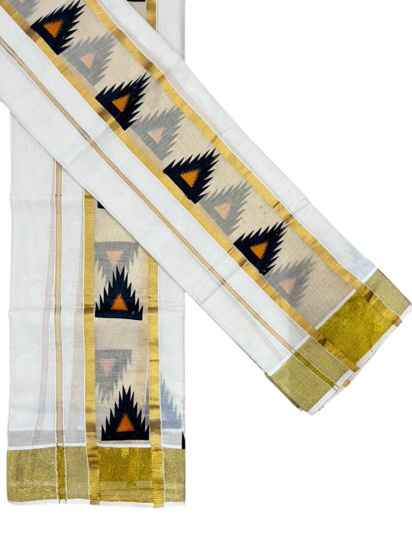 Southloom Pure Cotton Set Mundu with Gold Kasavu and Temple Digital Print in Black and Orange 2.80 Mtrs SL369