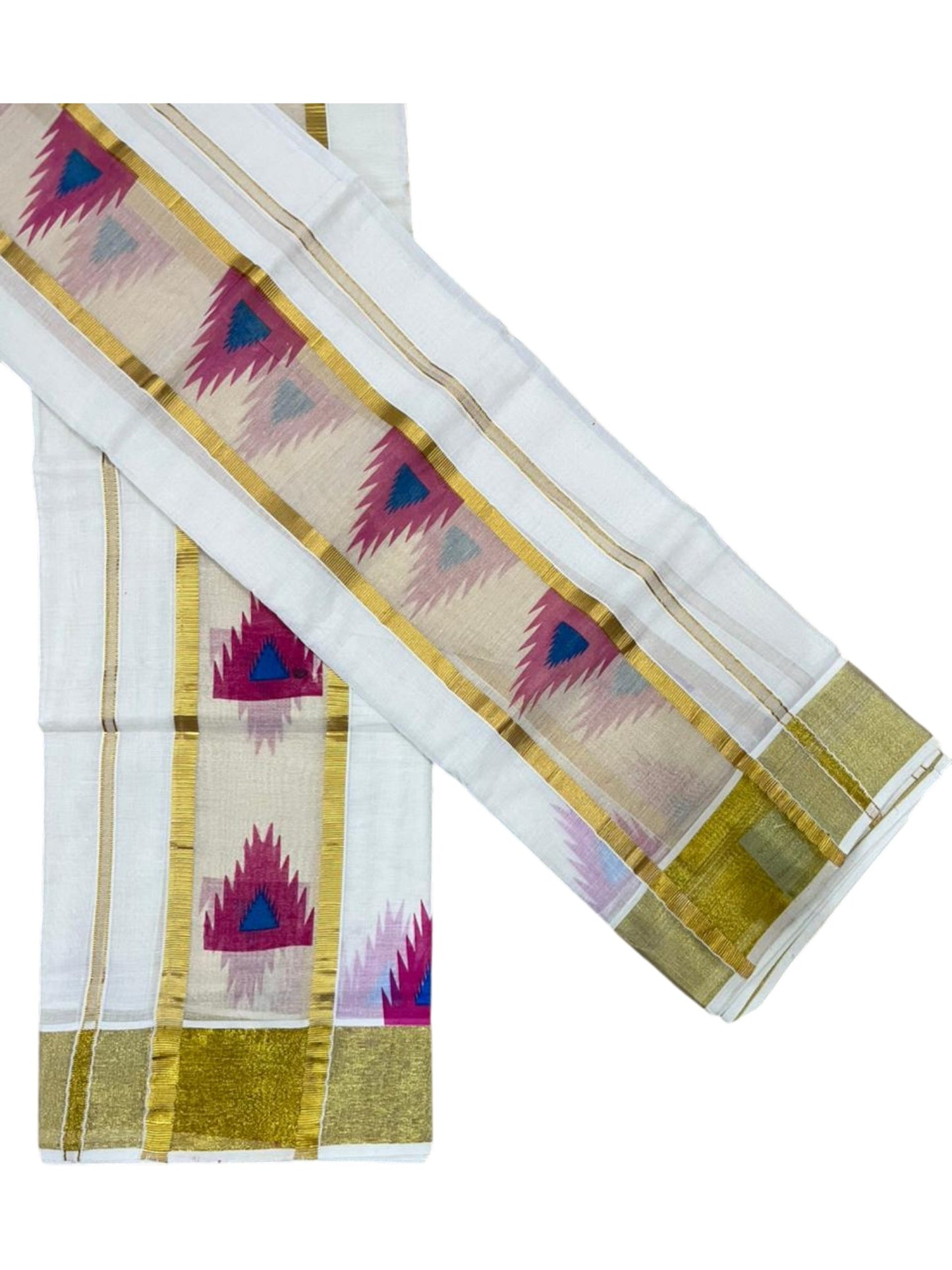Southloom Pure Cotton Set Mundu with Gold Kasavu and Temple Digital Print in Pink and Blue 2.80 Mtrs SL369