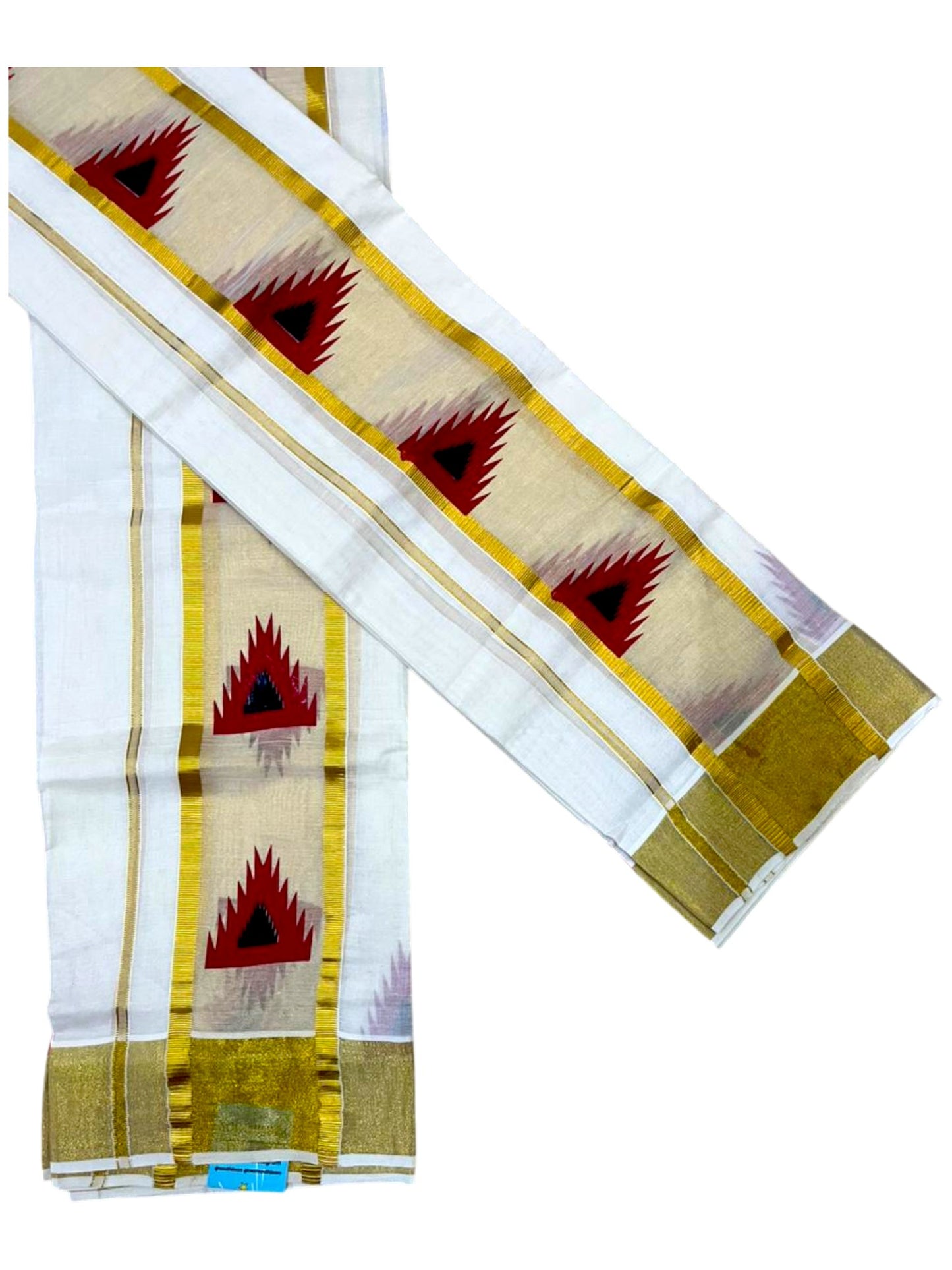 Southloom Pure Cotton Set Mundu with Gold Kasavu and Temple Digital Print in Red and Black 2.80 Mtrs SL369