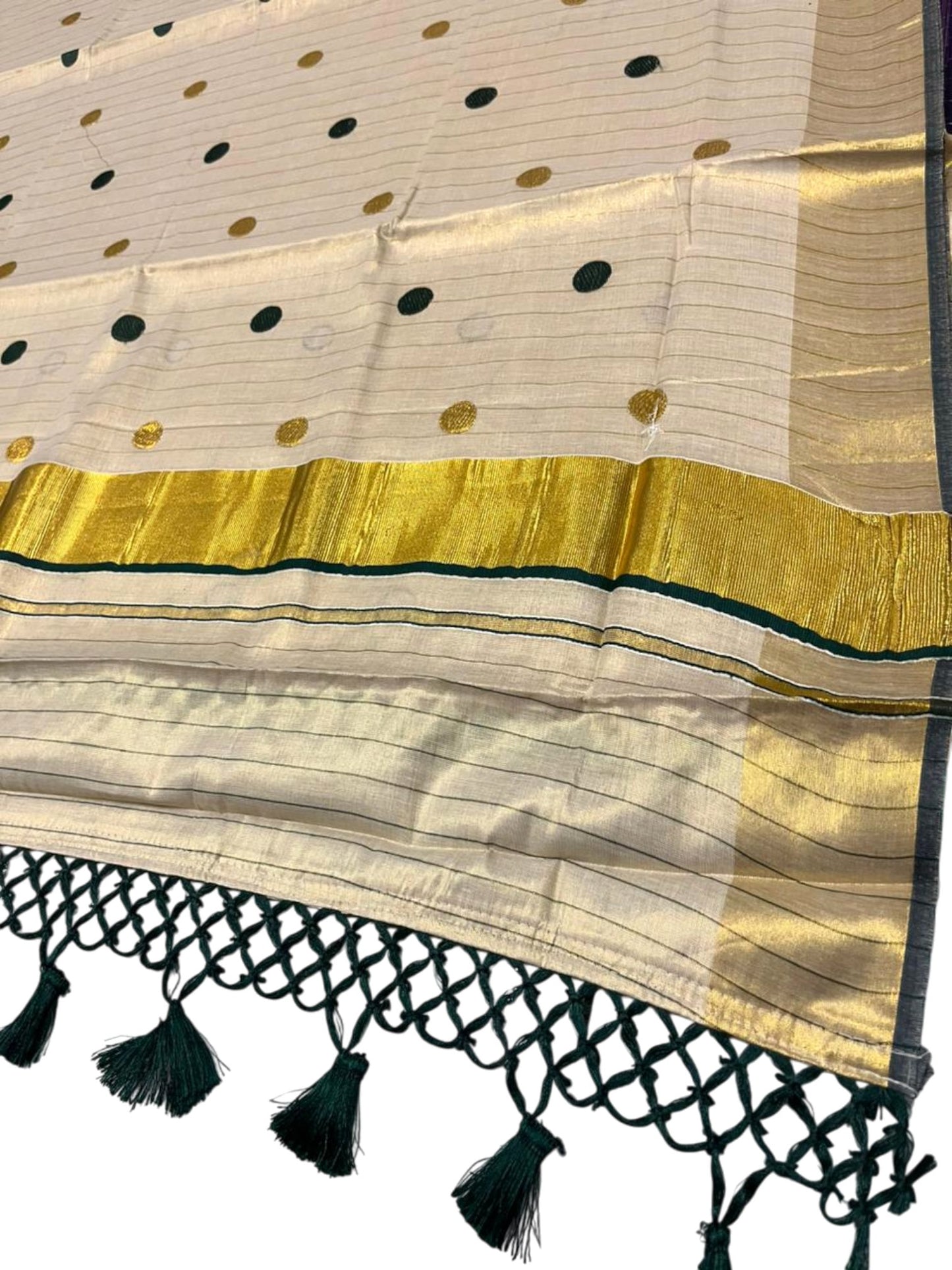 Southloom Kerala Tissue Kasavu Saree with Gold Polka Embroidery Works on Body in Green