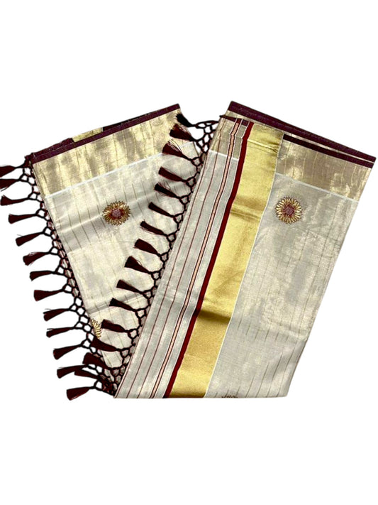 Southloom Kerala Tissue Kasavu Saree with Floral Embroidery Works on Body in Maroon