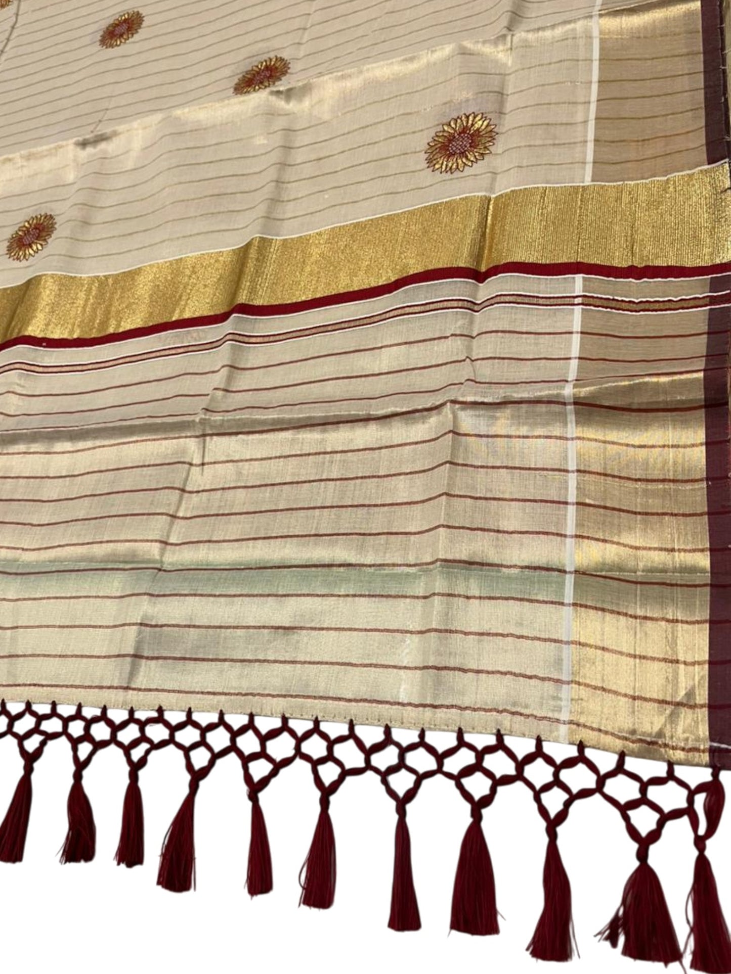 Southloom Kerala Tissue Kasavu Saree with Floral Embroidery Works on Body in Maroon