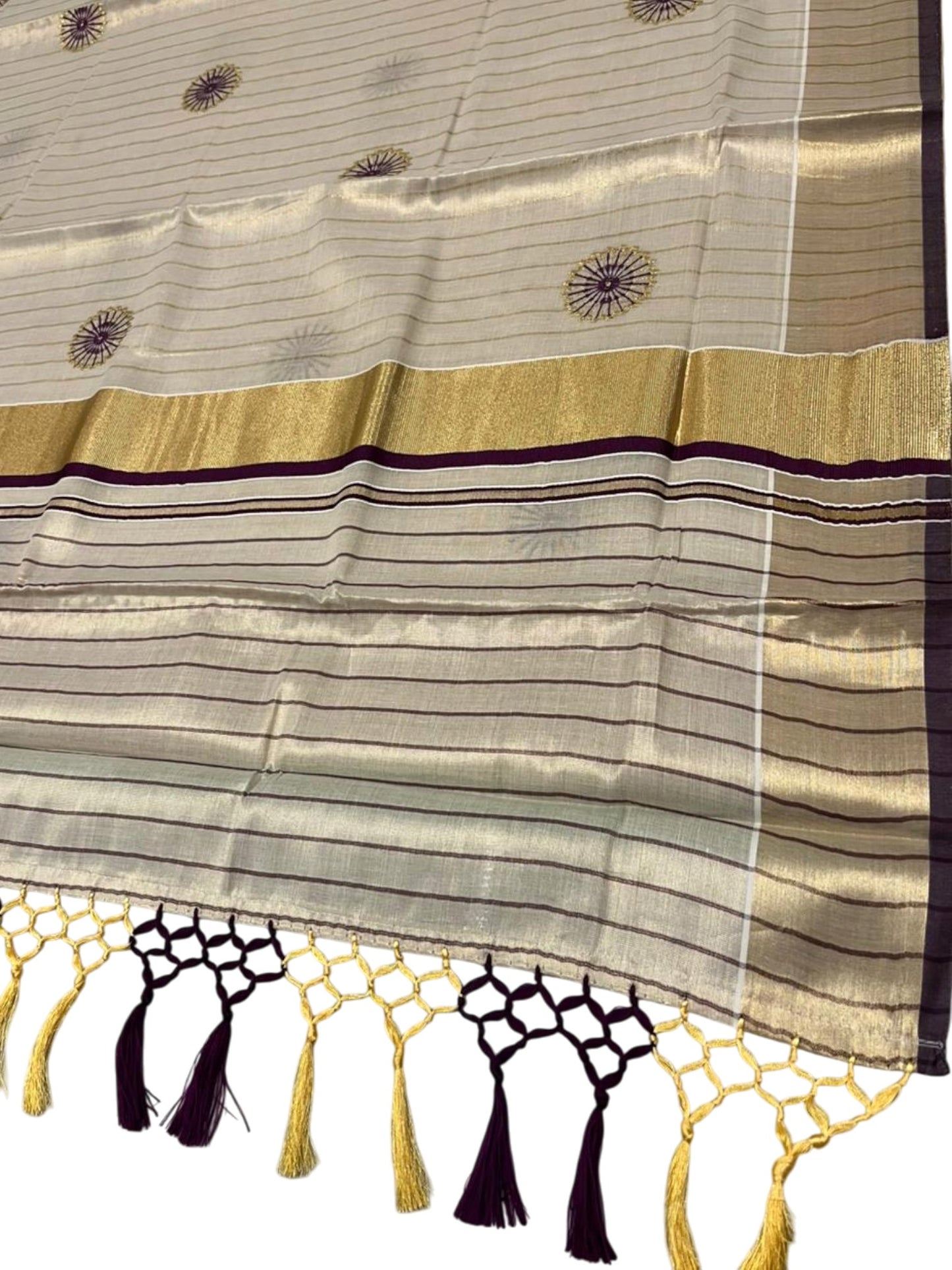 Southloom Kerala Tissue Kasavu Saree with Embroidery Works on Body in Purple