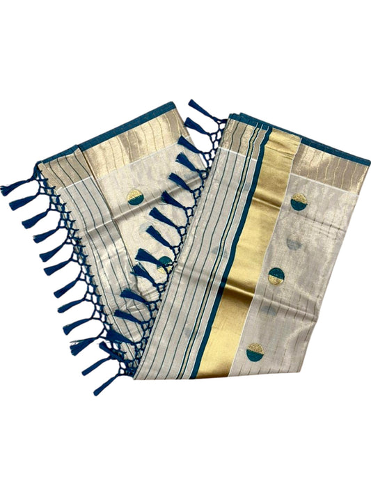 Southloom Kerala Tissue Kasavu Saree with Polka Embroidery Works on Body in Turquoise
