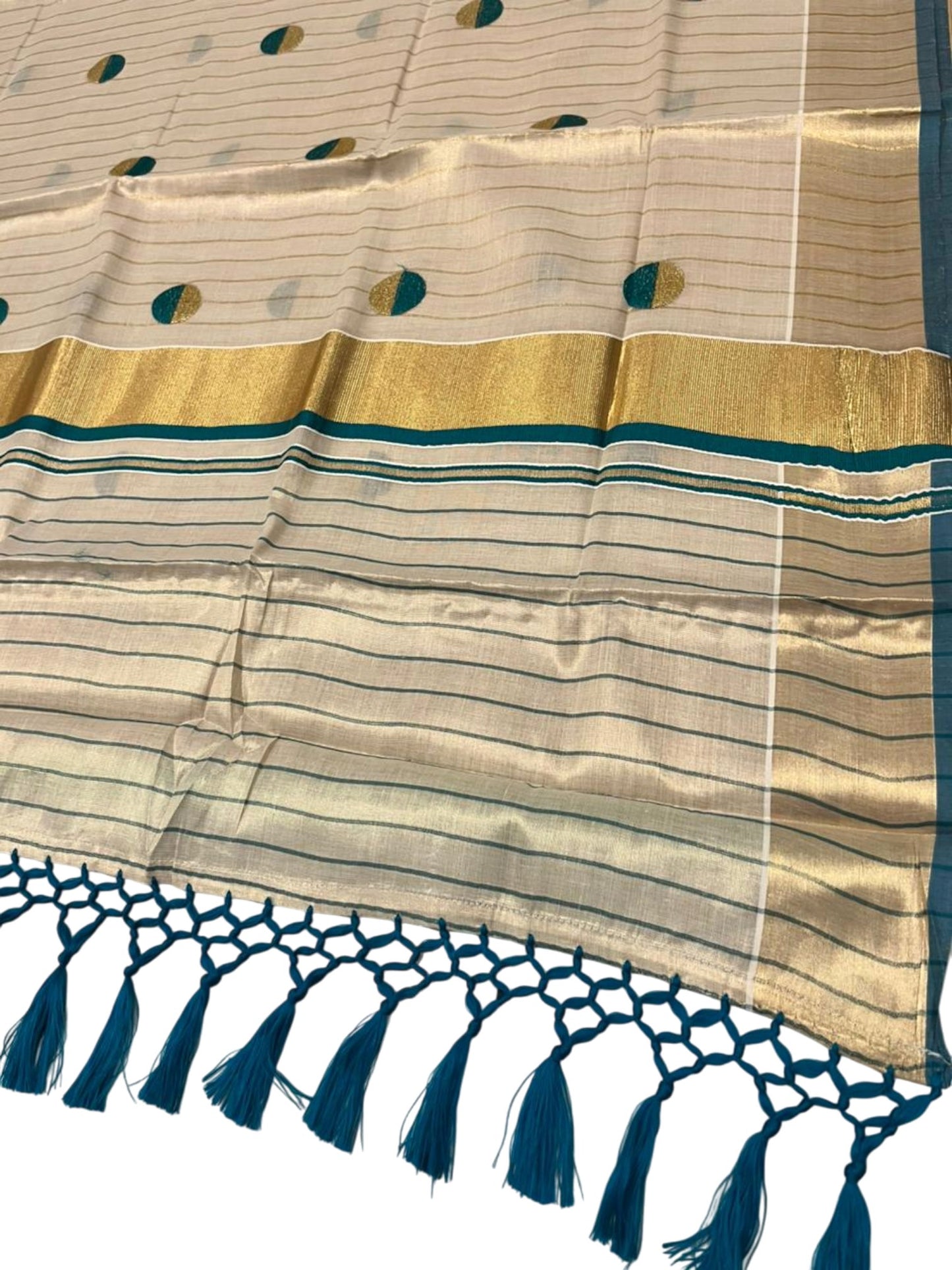 Southloom Kerala Tissue Kasavu Saree with Polka Embroidery Works on Body in Turquoise