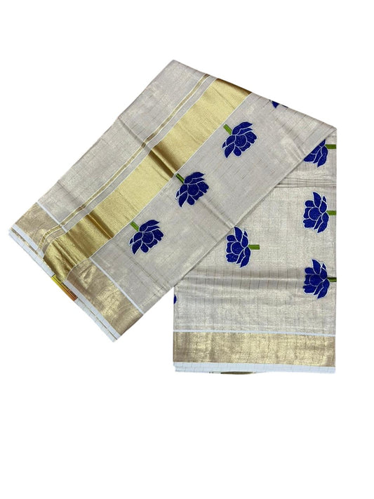 Southloom Kerala Tissue Kasavu Lines Saree with Blue Floral Embroidery Design on Body
