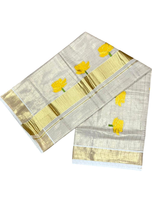 Southloom Kerala Tissue Kasavu Lines Saree with Yellow Floral Embroidery Design on Body