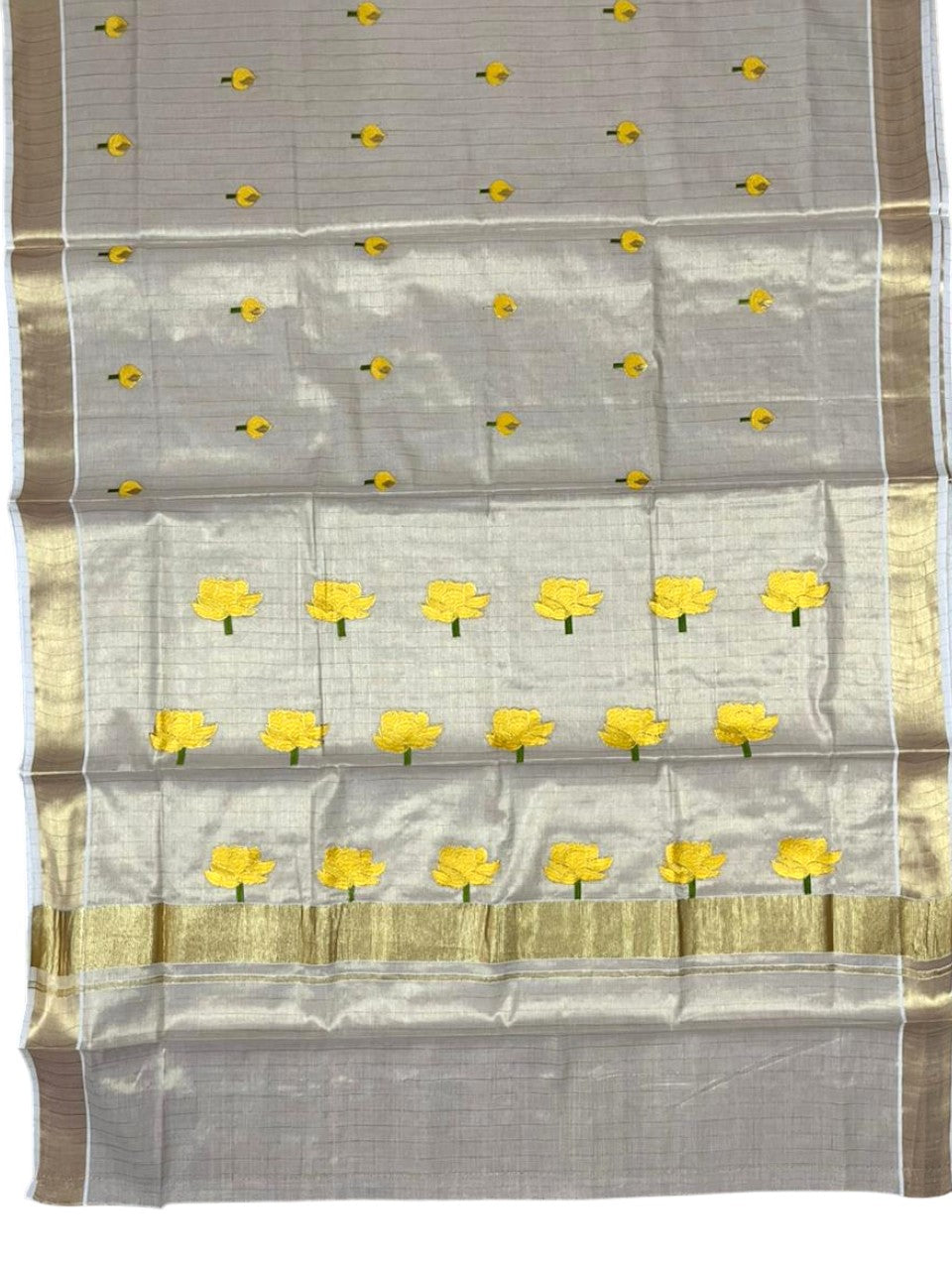 Southloom Kerala Tissue Kasavu Lines Saree with Yellow Floral Embroidery Design on Body