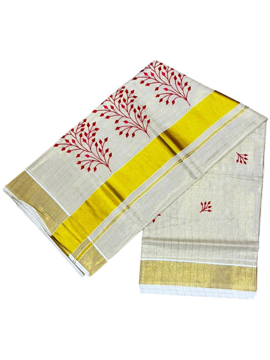 Southloom Kerala Tissue Kasavu Lines Saree with Red Floral Embroidery Design on Body