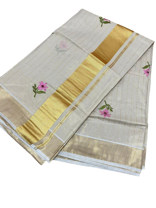 Southloom Kerala Tissue Pink And Green Floral Embroidery Design on the Body With Gold Kasavu