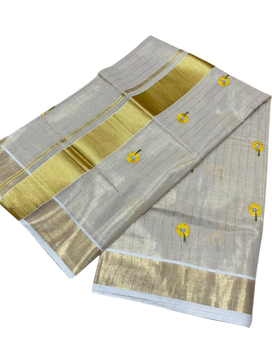 Southloom Kerala Tissue Yellow Floral Embroidery Design on the Body With Gold Kasavu