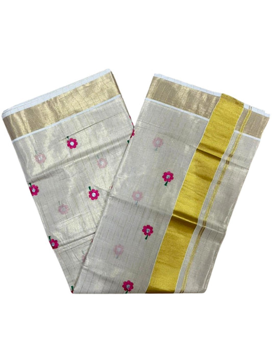Southloom Kerala Tissue Pink Floral Embroidery Design on the Body With Gold Kasavu