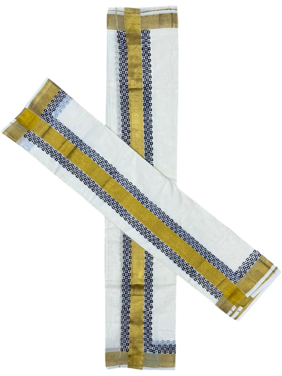 Southloom Pure Cotton Set Mundu with Gold Kasavu and Digital Print in Blue 2.80 Mtrs SL375
