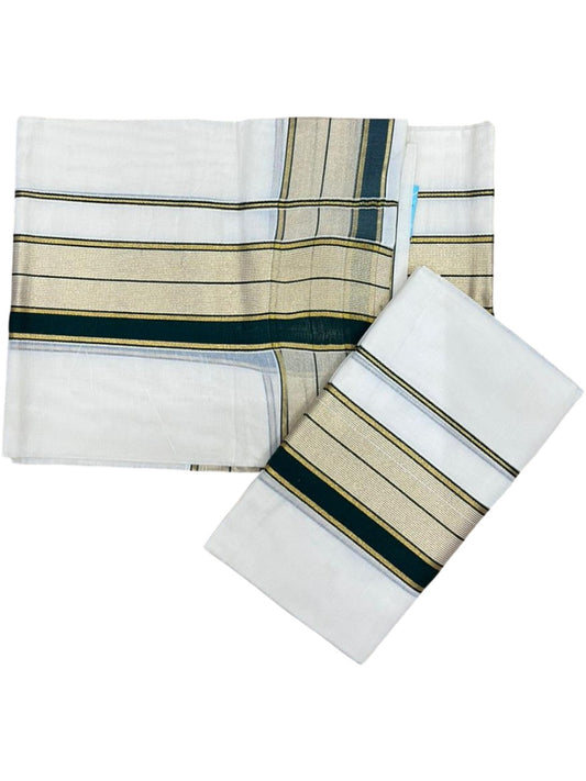 Southloom Pure Cotton Set Mundu with Gold Kasavu and Green Borders 2.80 Mtrs SL376