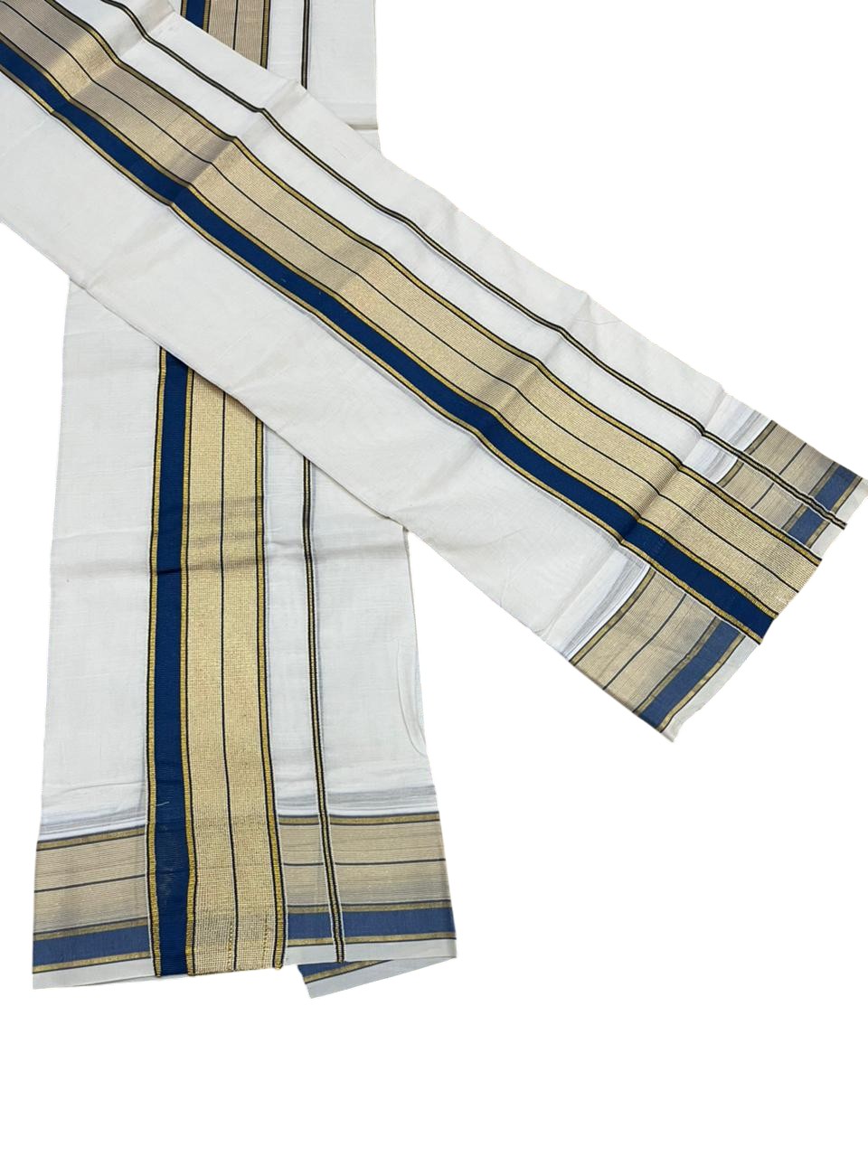 Southloom Pure Cotton Set Mundu with Gold Kasavu and Blue Borders 2.80 Mtrs SL376