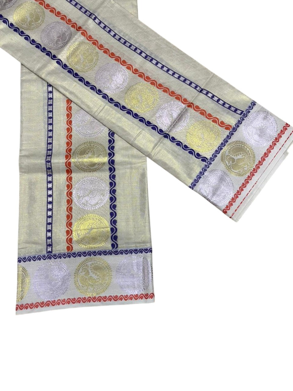 Southloom Tissue Set Mundu with Gold Kasavu And Peacock Design With Blue and Orange in Borders 2.80 Mtrs SL379