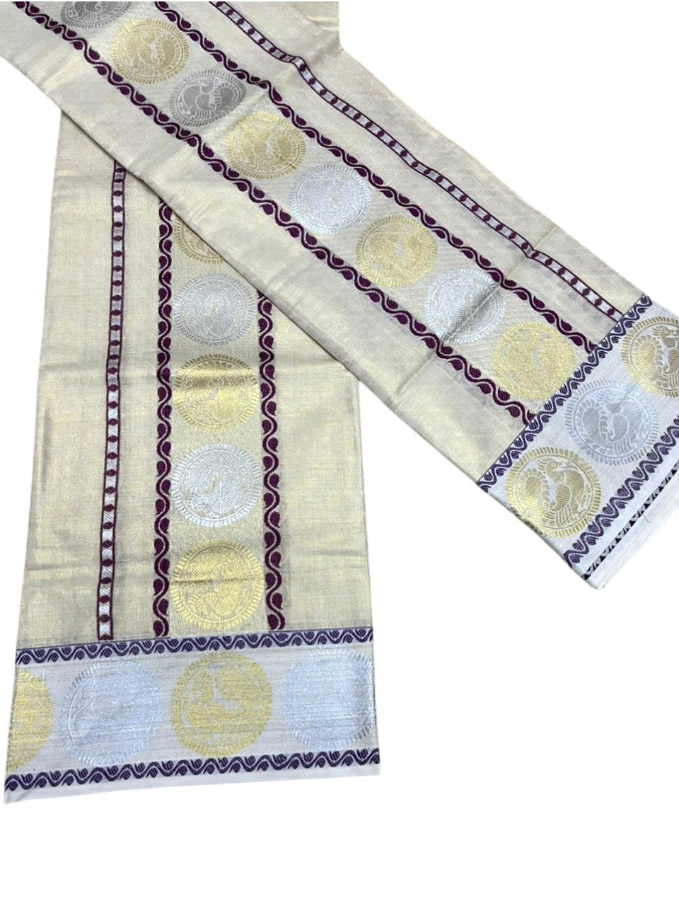 Southloom Tissue Set Mundu with Gold Kasavu And Peacock Design With Purple in Borders 2.80 Mtrs SL379
