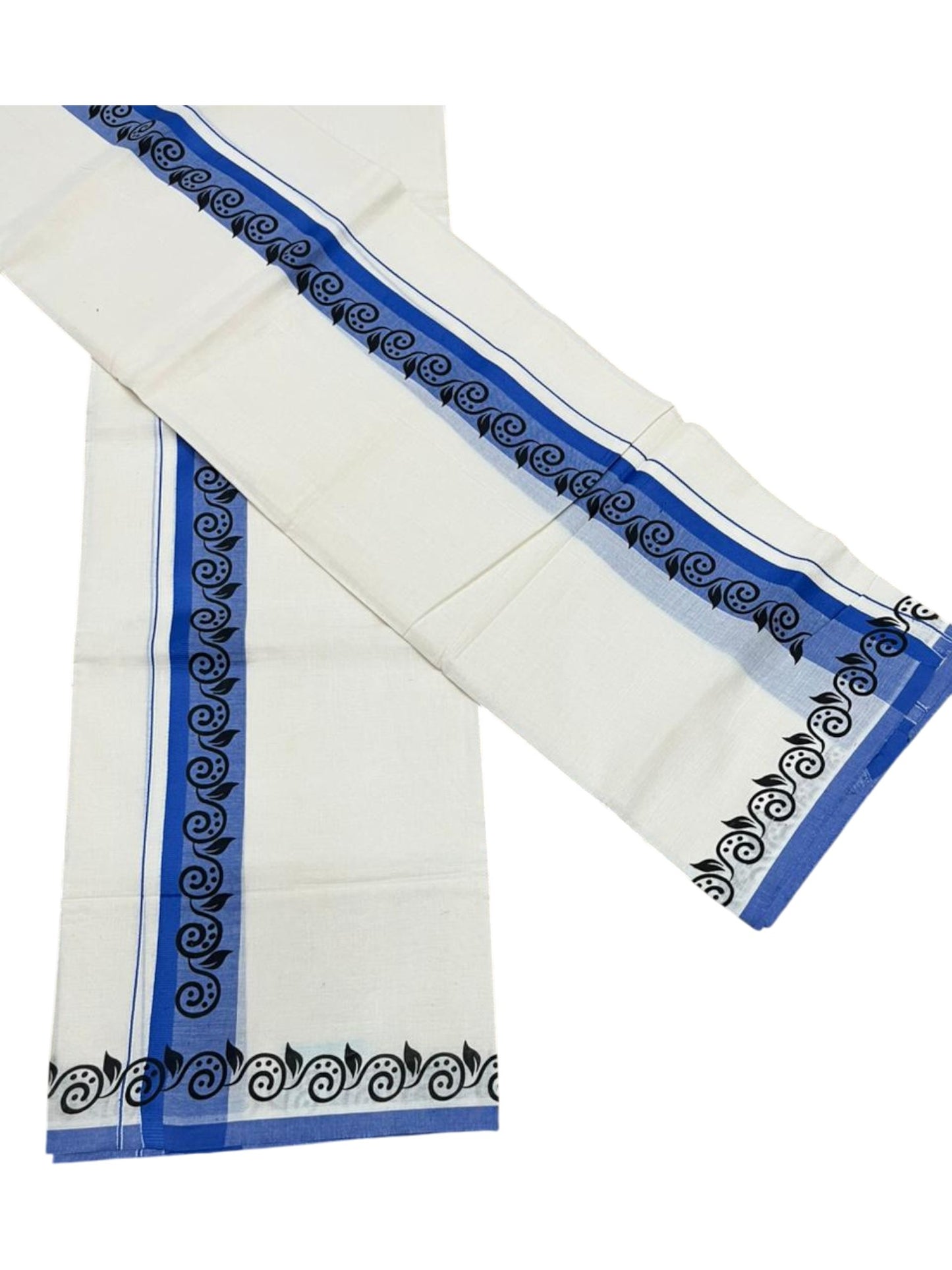 Southloom Kerala Mulloth Cotton Single Mundum Neriyathum with Digital Prints in Blue 2.80 Mtrs SL378