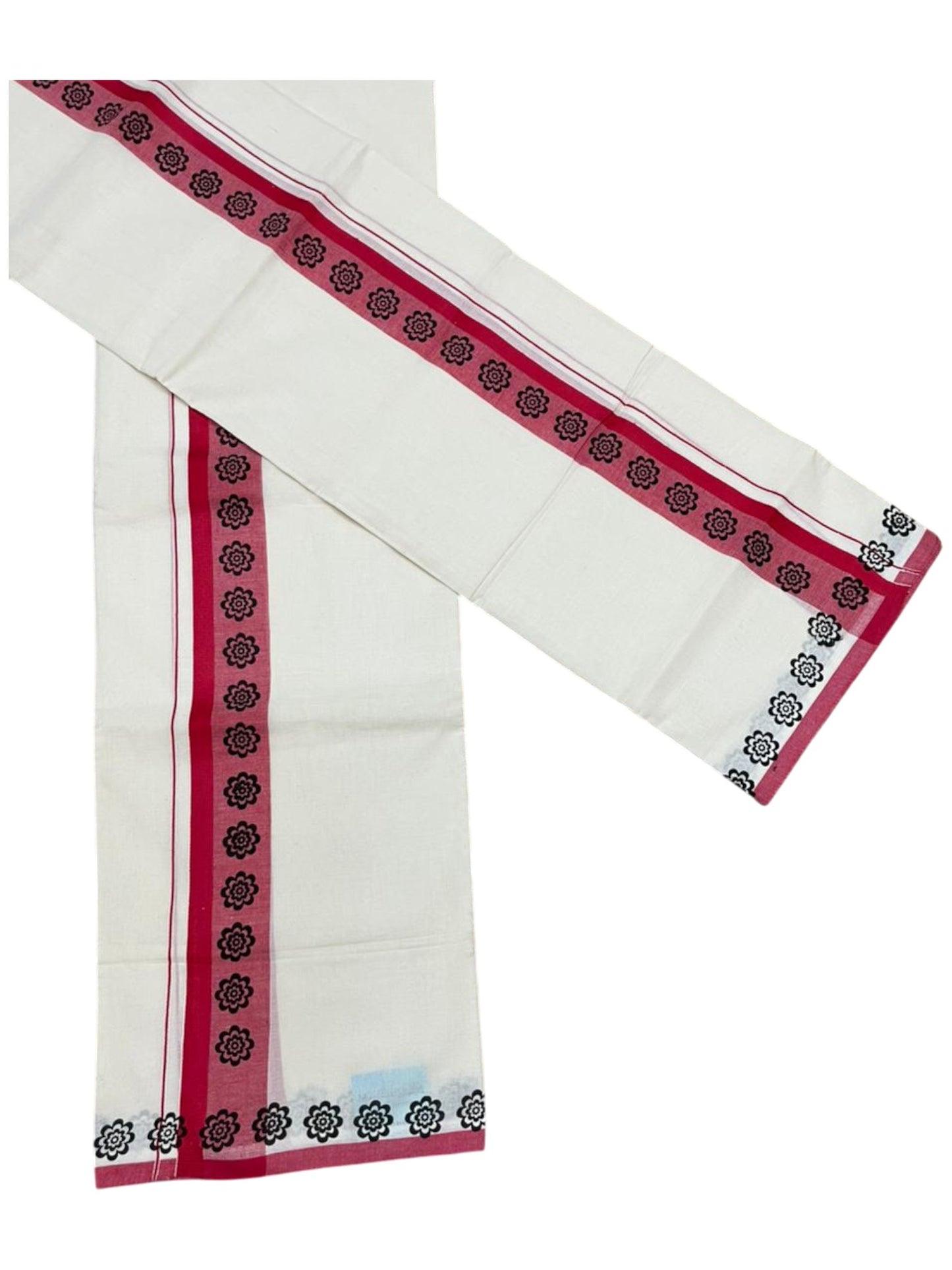 Southloom Kerala Mulloth Cotton Single Mundum Neriyathum with Digital Prints in Red 2.80 Mtrs SL378