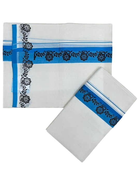 Southloom Kerala Mulloth Cotton Single Mundum Neriyathum with Digital Prints in Blue 2.80 Mtrs SL378